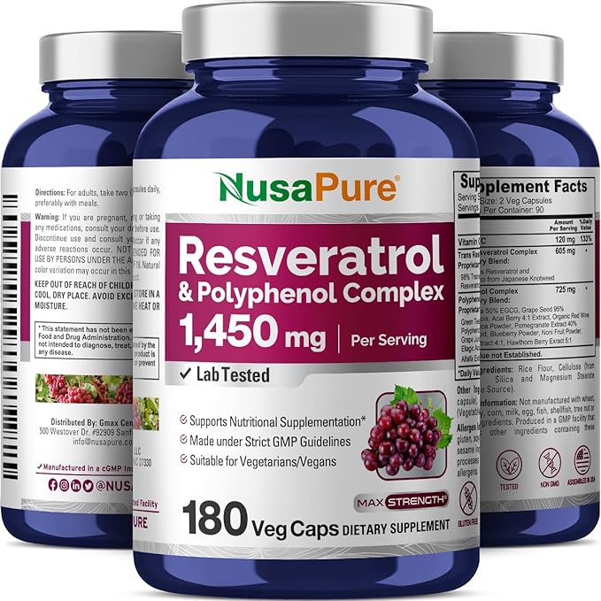 NusaPure Resveratrol &amp Polyphenol Complex 1450mg 180 Vegetarian Caps (Non-GMO Vegan) Vitamin C