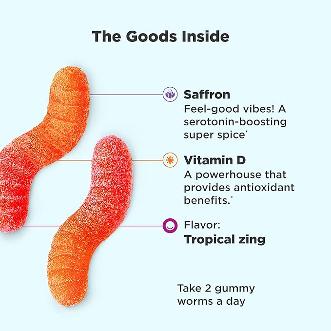 OLLY Hello Happy Gummy Worms Mood Balance Support Vitamin D Saffron Adult Chewable Supplement &amp Metabolism Gummy Rings Apple Cider Vinegar Vitamin B12 Chromium Energy and Digestive Health