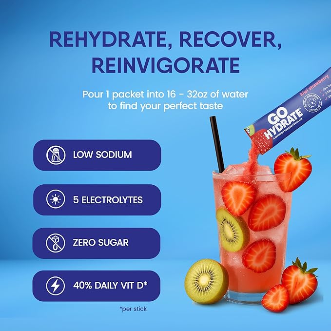 GoHydrate Instant Hydration Powder Packets - Low Sodium Electrolytes Drink Mix - Natural Hydration Support Sugar Free Electrolyte Flavored Powder Drink with Vitamin D 30 Packs Kiwi Strawberry