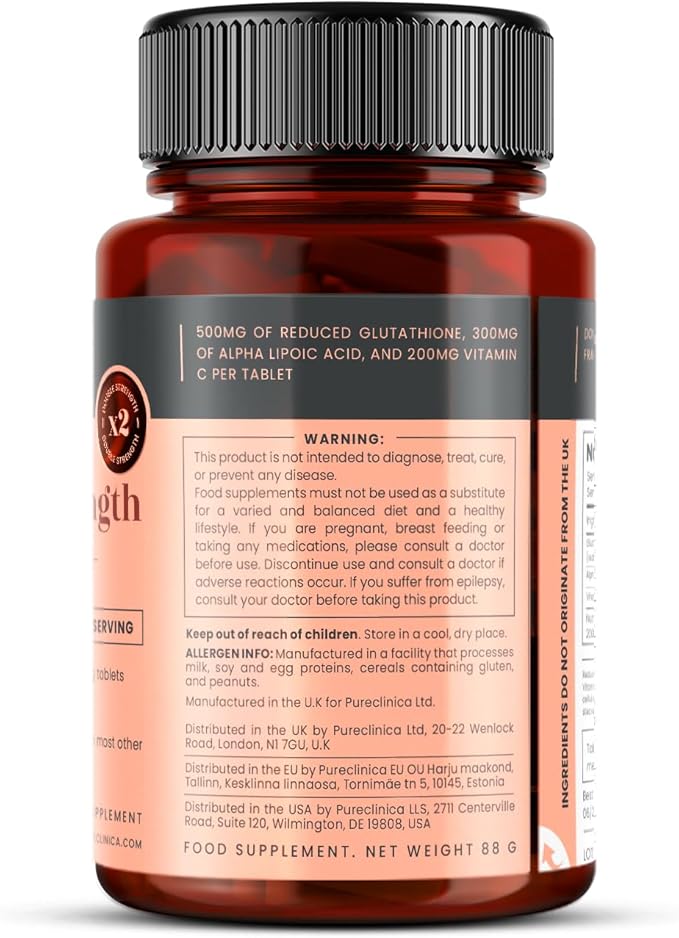 pureclinica Glutathione 1000mg x 60 Tablets. with 500mg Glutathione 300mg ALA and 200mg Vitamin C per Tablet.