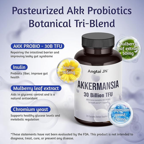Akkermansia Muciniphila Probiotic 30 Billion TFU Pasteurized Form with Natural Prebiotic Inulin GLP-1 Supplement for Gut Health &amp Digestion Shelf Stable 30 Vegan Capsules