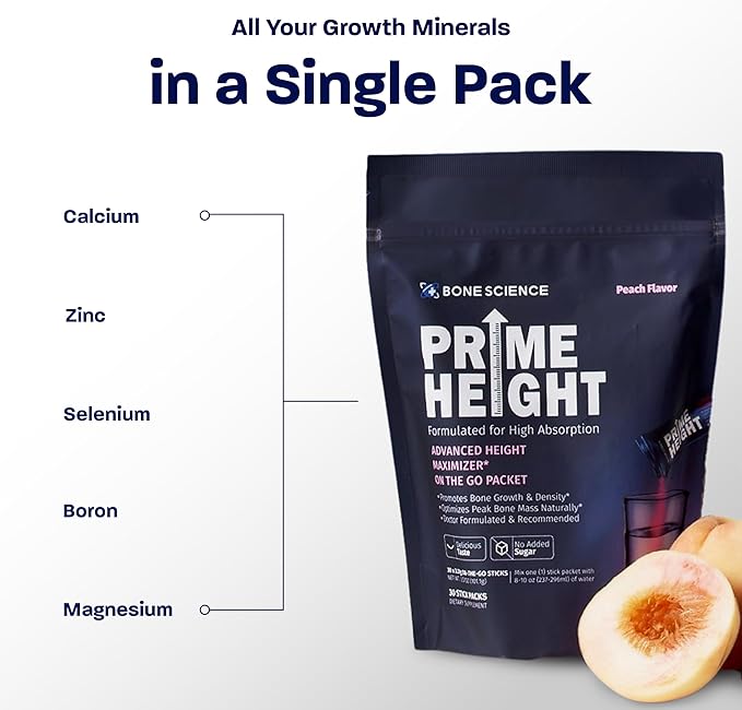 BONE SCIENCE Prime Height Multivitamin Powder for Kids &amp Teens Bone &amp Immune Support Sugar-Free Peach Flavor 16 Key Nutrients Easy Drink Mix 30 Sticks