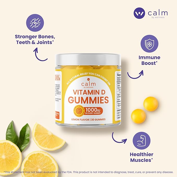 Calm by Wellness Vitamin D Gummies for Adults Vitamin D3 Gummy Vitamins for Bone and Immune System Support Lemon Flavor 30 Count