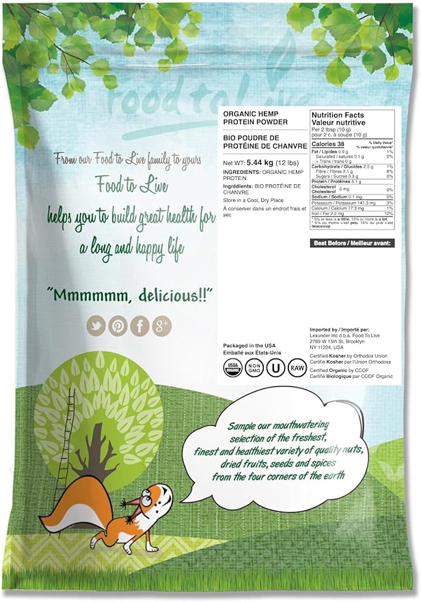 Food to Live Organic Hemp Protein Powder 12 Pounds — 50% Protein Non-GMO Kosher Non-Irradiated Pure Vegan Superfood Rich in Iron and Fiber
