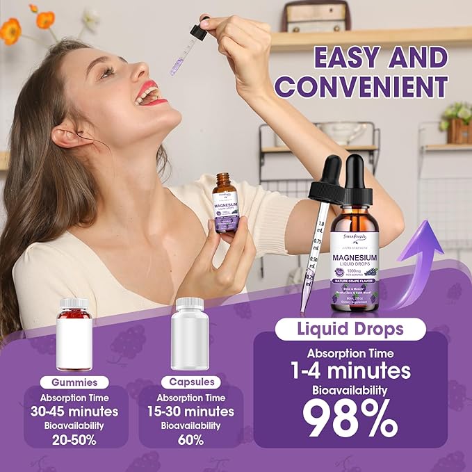 GREENPEOPLE Magnesium Glycinate Liquid Drops - 1000mg 5-in-1 High Absorption Liquid Magnesium for Sleep with D3/K2/B6 | Fast-Acting Bone Muscle &amp Sleep | Sugar-Free Grape Flavor 2fl Oz