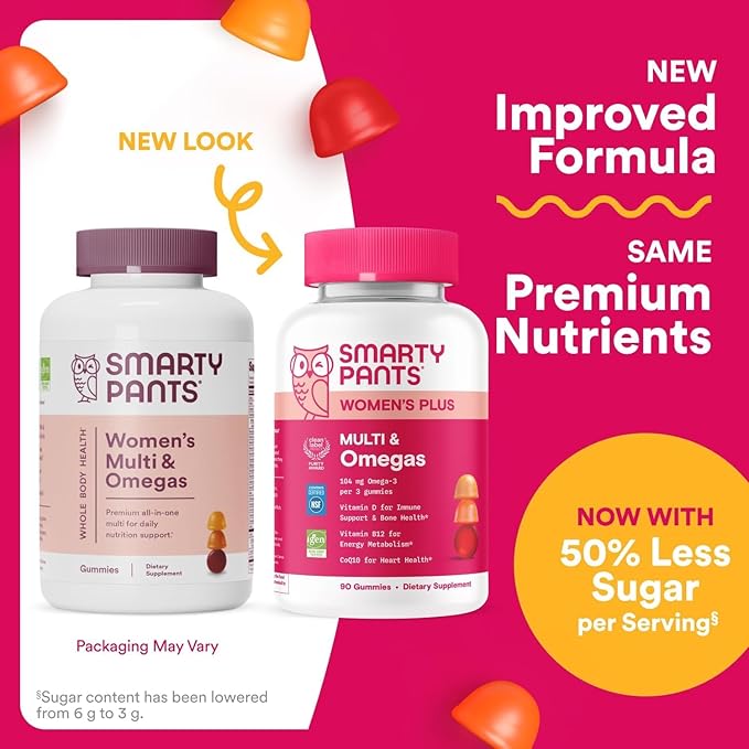 SmartyPants Women's Multivitamin Gummies Omega 3 (DHA/EPA) Methylfolate CoQ10 Vitamin D3 C Vitamin B12 B6 A K &amp Zinc Inositol Gluten Free 90 Count (30 Day Supply)