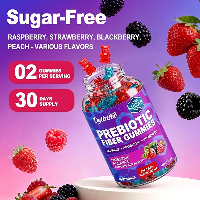 Prebiotic Fiber Gummies 5g Fiber per Serving 2 Billion CFU Bacillus Coagulans + Vitamin D3 Sugar Free Pectin Mixed Berry Gummies Inulin (FOS) + Acacia + Apple Pectin 120 Gummies (60 Servings)