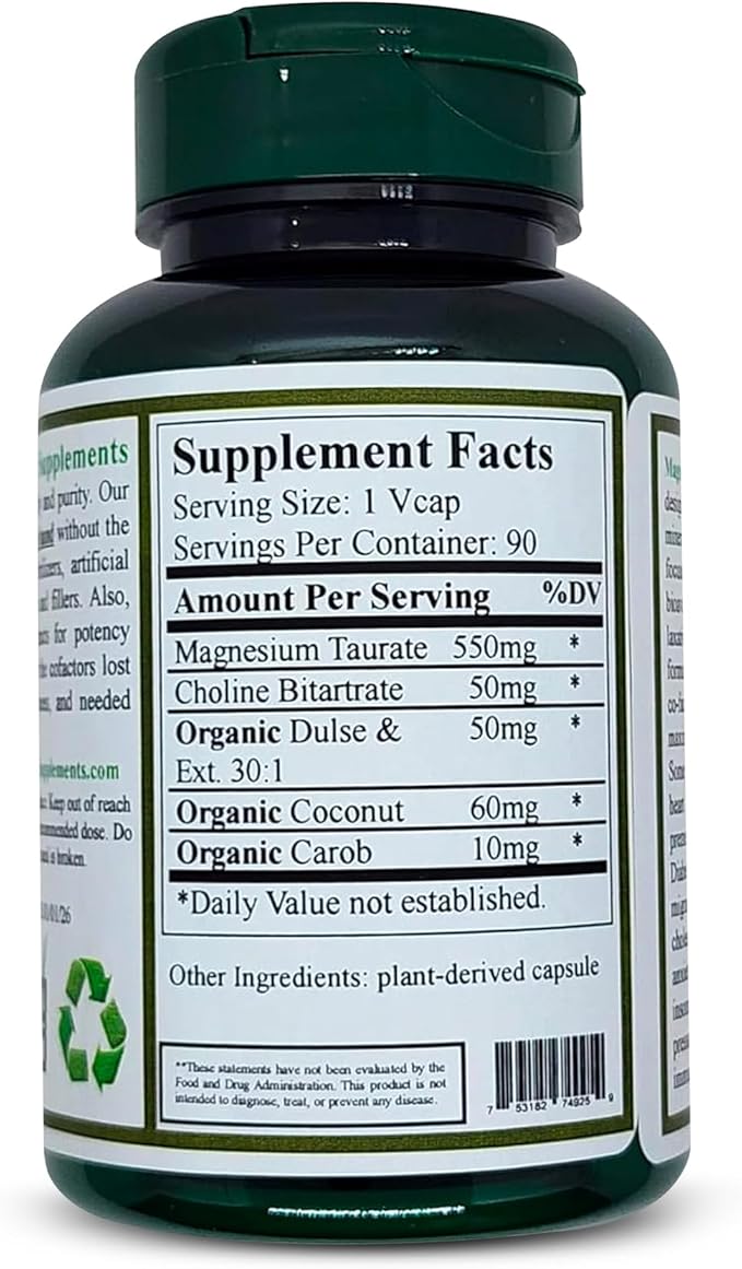 Magnesium Taurate High Absorbable 90 VCaps Non-GMO Vegan &amp Gluten Free Made with Organic Wild-Crafted and Natural Ingredients (Pack of 3)