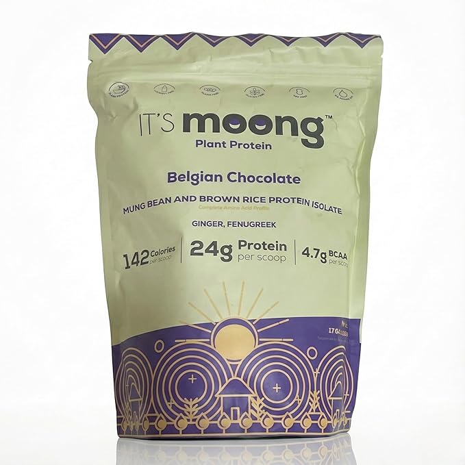It’s Moong Plant Protein Powder Belgian Chocolate | Mung Bean &amp Brown Rice Protein Isolate Ginger &amp Fenugreek 24g Protein &amp 4.7g BCAA | Vegan Gluten Free Dairy Free Sugar Free | 17.6