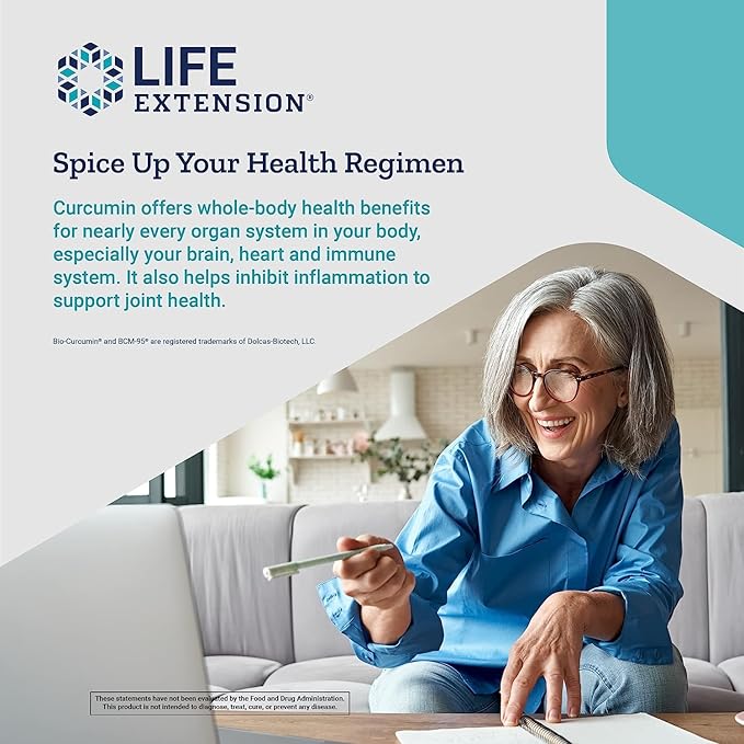 Life Extension Super Bio-Curcumin Turmeric + Magnesium Caps Heart Health Bones Metabolism Non-GMO Gluten-Free Vegetarian 60+100 Capsules