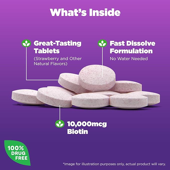 Natrol Beauty Biotin 10000mcg Dietary Supplement for Healthy Hair Skin Nails and Energy Metabolism 60 Strawberry-Flavored Fast Dissolve Tablets 60 Day Supply (Pack of 12)