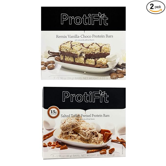 PROTIFIT - Low Calorie Remix Vanilla-Choco &amp Salted Toffee Pretzel Protein Bar 2 Pack High Protein 15g Protein Low Carb Low Sugar Ideal Protein Compatible 7 Servings Per Box (2 Pack)