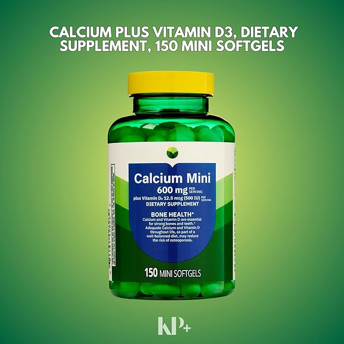 KP+ Calcium Mini 600 mg Plus Vitamin D3 12.5 mcg (500 IU) | Bone &amp Teeth Health Support | Dietary Supplement | 150 Mini Softgels | Pack of 1