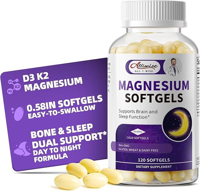 Magnesium Glycinate 400mg Softgels Small Easy to Swallow High Absorption Magnesium Supplement with Vitamin D3 &amp K2 for Sleep Relax Calm Muscle Bone* Health 120 Gelcaps