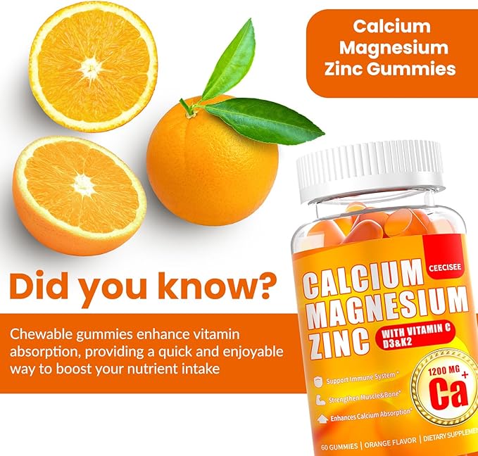 Calcium Magnesium Gummies for Women Men: 1200mg Calcium Citrate Zinc Gummy with Vitamin C D3 K2 - Vegan Sugar Free Chewable High Absorption Enegy Immune Support Supplement(120Count)