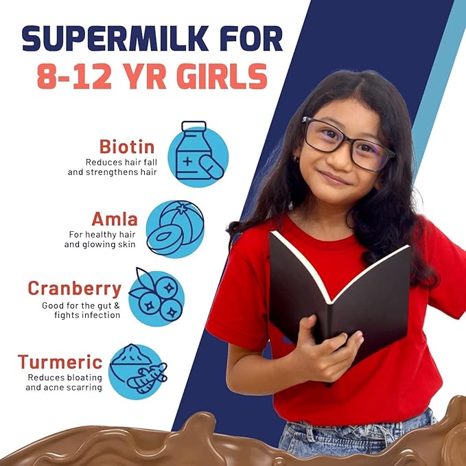 SuperMilk 8-12y (Girls) Kids Nutrition &amp Health Drink Protein Powder for Kids Growth &amp Sports High Protein (10 g) Calcium + D3 21 Nutrients Natural Double Chocolate Flavour 400 g | 14.1