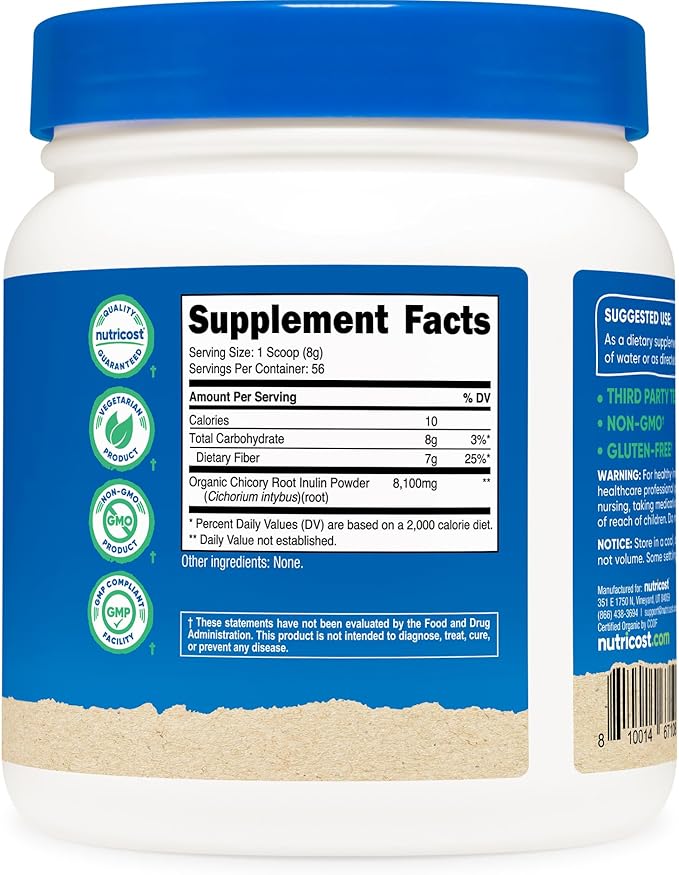 Nutricost Organic Inulin Powder 1LB (454 Grams) 7 Grams of Fiber Per Serving - from Chicory Root - Certified USDA Organic