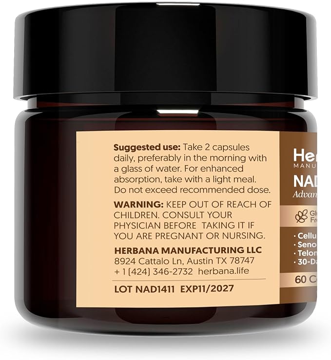 Herbana NAD+ Support Complex Advanced Cellular Energy Formula with Nicotinamide Riboside Trans-Resveratrol Quercetin 60 Capsules 30-Day Supply