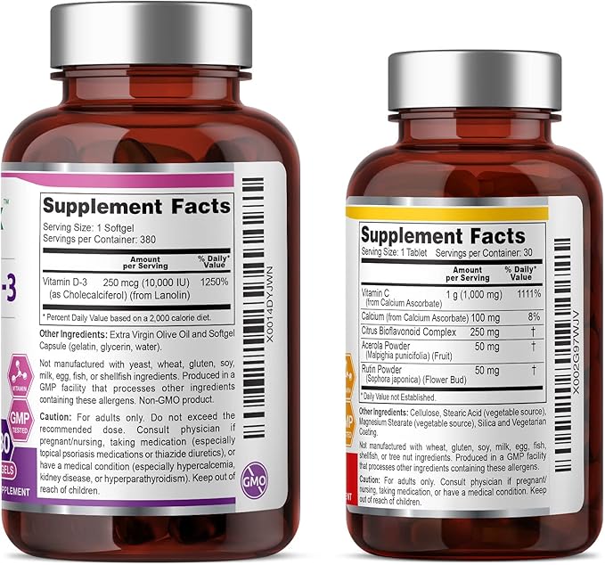 biophix Vitamin D-3 10000 IU 380 Softgels - Free Vitamin C-1000 30 Tablets -High-Potency in Extra Virgin Olive Oil Non-GMO Soy-Free Supports Strong Bones Immune Health