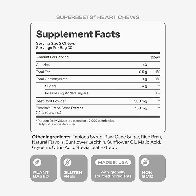 Humann SuperBeets Heart Chews Nitric Oxide and Blood Pressure Support Grape Seed Extract &amp Non-GMO Beet Root Powder Energy Supplement Pomegranate Berry Flavor 60 Count