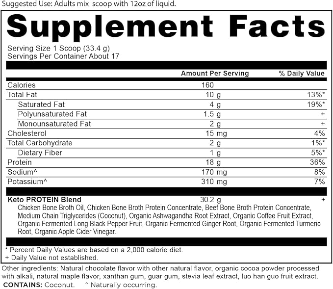 Ancient Nutrition Keto Protein Powder KetoPROTEIN with Fats from Bone Broth and MCT Oil Chocolate 18g Protein 10g Fat Per Serving Gluten Free Low Carb Paleo Friendly 17 Servings