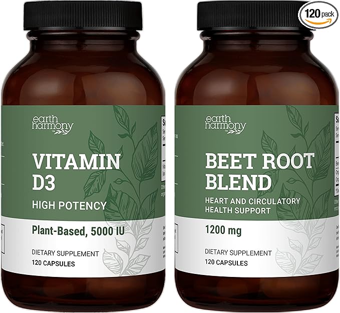 Earth Harmony Vegan Vitamin D3 &amp Beet Root Powder - 120 Capsules Each