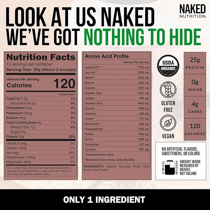 NAKED Rice 1Lb - Organic Brown Rice Protein Powder - Vegan Protein Powder GMO Free Gluten Free &amp Soy Free. Plant-Based Protein No Artificial Ingredients - 15 Servings