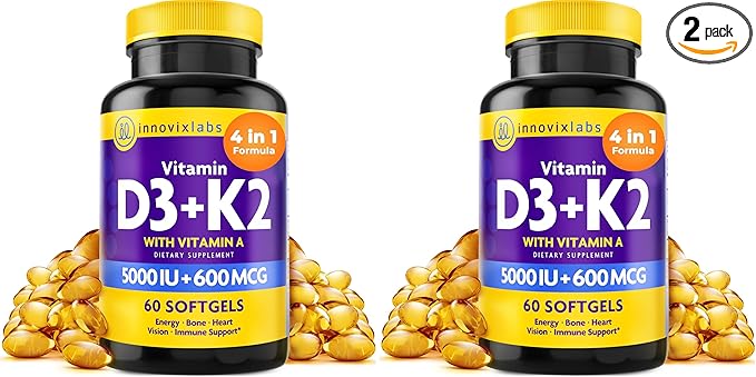 InnovixLabs Vitamin D3 K2-5000 IU Vitamin D3 Plus 600 mcg Vitamin K2 MK4 and MK7 for Max Calcium Absorption Supports Bone Immune Heart Health 3rd Party Tested Gluten Free 60 Softgels (Pack of 2)