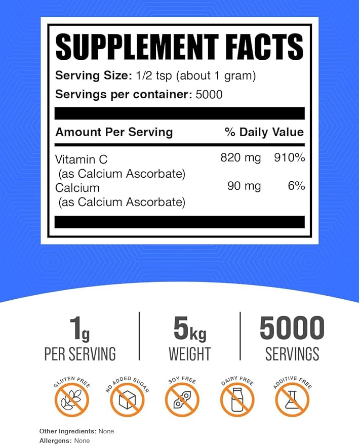BulkSupplements.com Calcium Ascorbate Powder - Buffered Vitamin C Supplement Calcium Powder - Vegan &amp Gluten Free 1g per Serving 1kg (2.2 lbs) (Pack of 5)