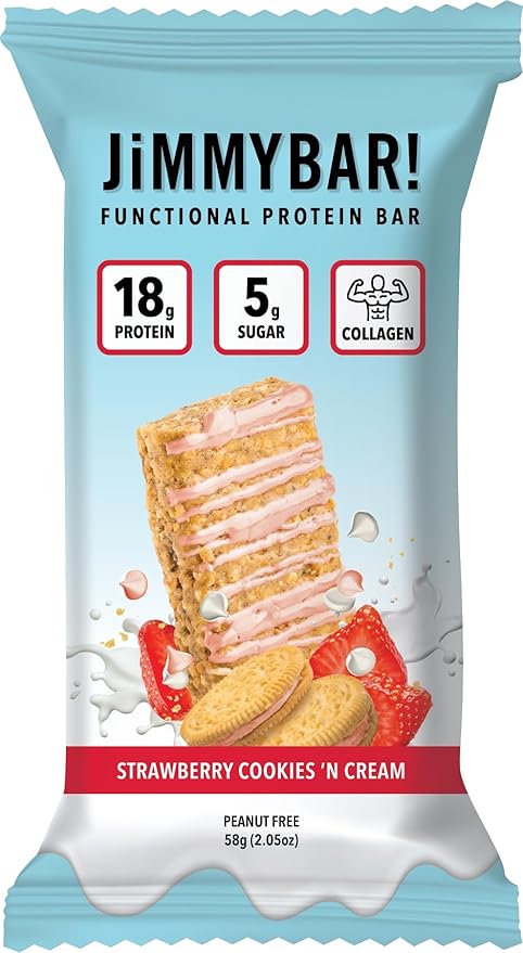 JIMMYBAR! - Strawberry Cookies 'n Cream - Protein Bars With Collagen - 12 Count - 18g Protein Snack Bars - 5g Sugar - Protein Snacks for On-The-Go - Post Workout Meal Replacement Bar