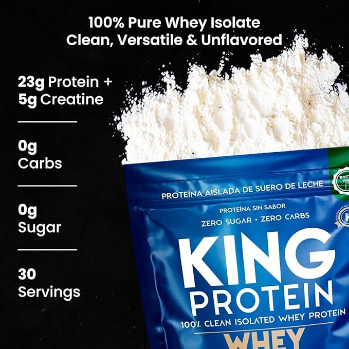 Clean Unflavored Whey Isolate Protein Powder with Creatine | 23g plus 5g Creatine &amp Organic BCAA per Serving | 100% Natural | No Carbs | Preservatives GMO Soy &amp Gluten Free 30 Servings