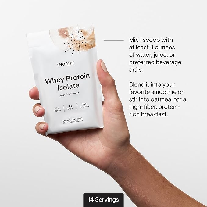 THORNE - Whey Protein Isolate - Balanced Amino Acids Profile with BCAAs - 21 Grams of Easy to Digest Whey Protein Powder - NSF Certified for Sport - Chocolate - Gluten &amp Soy-Free - 14 Packets