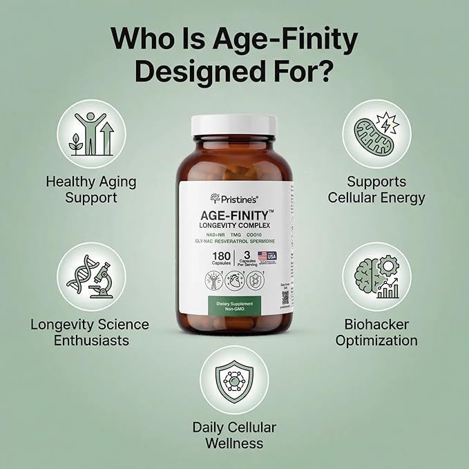 PRISTINE'S Age Finity NAD+ &amp NR Cellular Optimzation Mitochondrial Supplement - NAD Nicotinamide Riboside TMG CoQ10 GlyNAC Resveratrol Spermidine - Cellular Longevity Support - 3rd Party Tes