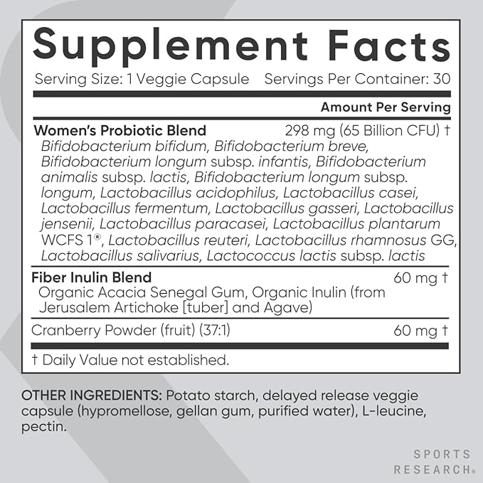 Sports Research Women's Probiotics with Prebiotics 65 Billion CFU - Vegan Capsules for Gut Health &amp Digestive Support Probiotics for Women with Cranberry - Non-GMO Verified &amp Gluten Free - 3