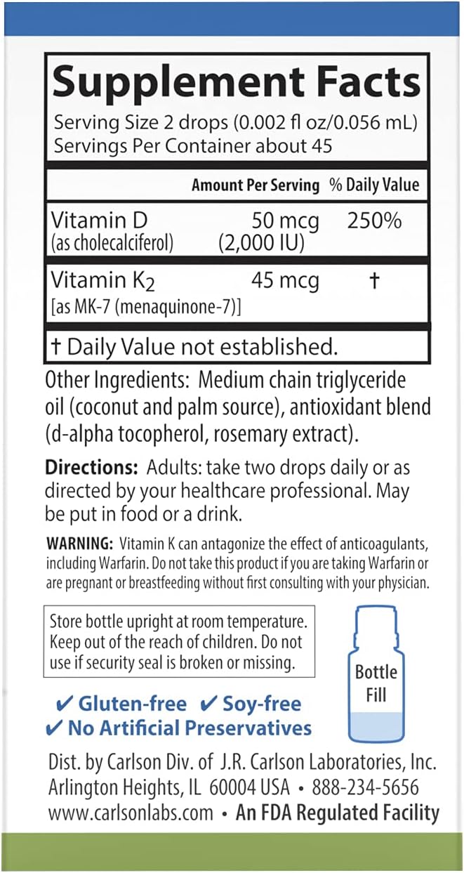 Carlson - Super Daily D3 + K2 50 mcg D3 + 45 mcg MK-7 Heart &amp Bone Health 90 Liquid Drops 2.54 ml (Pack of 2)