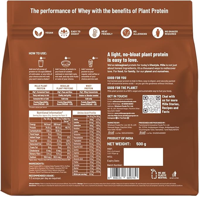 Mille Coffee Hazelnut Plant Protein Powder | 25g Protein per Scoop | Vegan Yeast Protein for Shakes &amp Smoothies | No Added Sugar Non-Bloating Clean Plant-Based Blend | 17.64 Oz (500g)