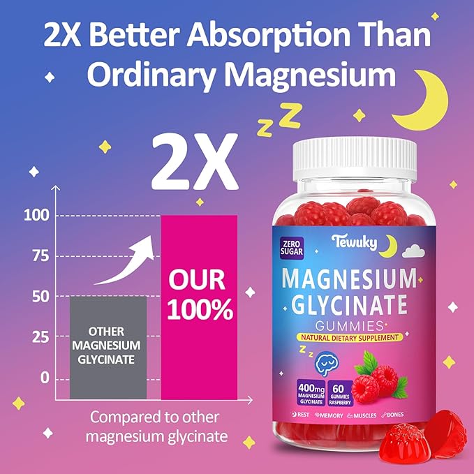 Magnesium Glycinate Gummies 400mg - Sugar Free Vegan Gummies for Adults &amp Kids with Vitamin D3 B6 C CoQ10 Collagen Zinc - Sleep Muscle Bone &amp Memory Support - 60 Raspberry Chewables / 2