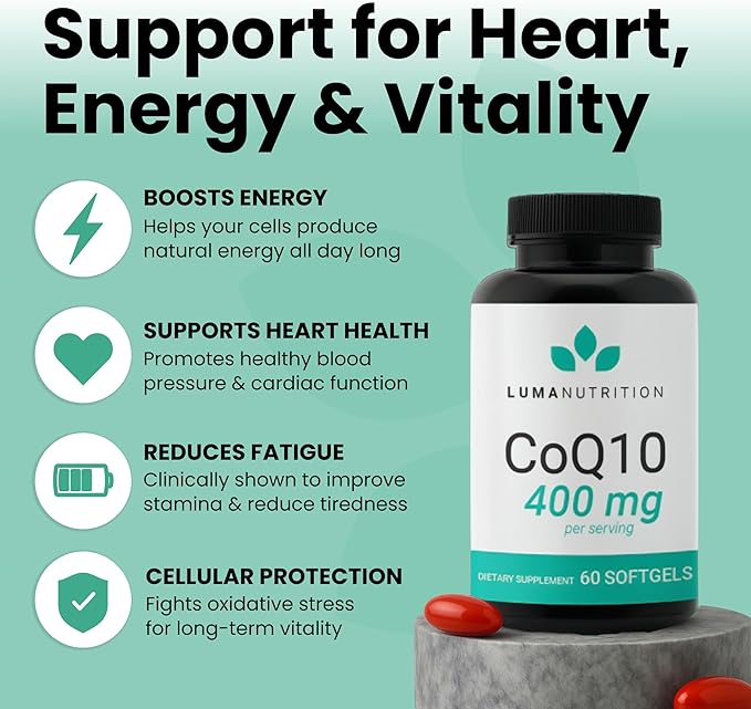 Luma Nutrition CoQ10 400mg Softgels - High-Absorption Coenzyme Q10 - Co Q-10 200mg / 400mg Per Serving - Heart Health - 60 Liquid Softgels