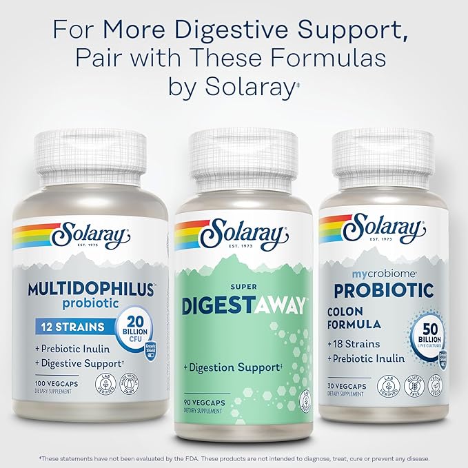 SOLARAY Super Digestaway Digestive Enzymes - Pancreatin Papain Ginger Pepsin Betaine HCl Aloe Vera and More - Digestion &amp Nutrient Absorption Support - Lab Verified - 90 VegCaps