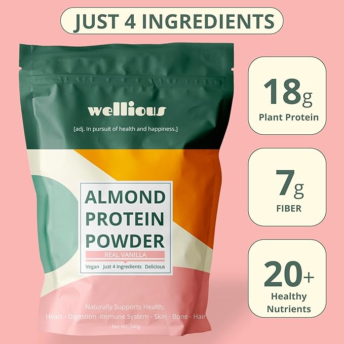 wellious Almond Protein Powder Bundle (1 Vanilla &amp 1 Chocolate) - 18 Grams of Pure Healthiest Vegan Protein - Perfect Gluten-Free Soy-Free Gut Friendly Protein Powder for Sports Nutrition