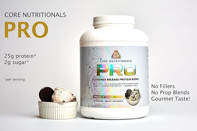 Core Nutritionals PRO Gourmet Protein Blend | Whey Protein Blend | with MCTs &amp Digestive Enzymes | Sustained Release Protein &amp Recovery Support | 65 Servings (Cookies N' Cream)
