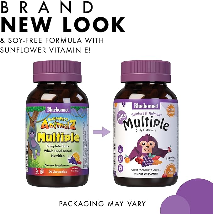 Bluebonnet Nutrition Rainforest Animalz Whole Food Based Multiple Chewable Tablet Kids Multivitamin &amp Mineral Vitamin C D3 Iron Gluten Free Milk Free Kosher 180 Chewable Tablets Mixed Fla