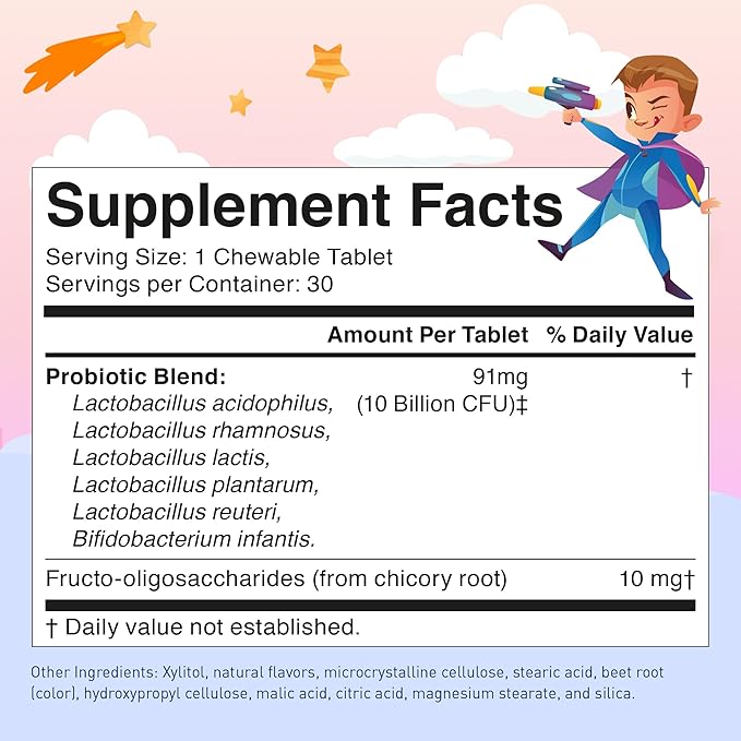 LOVEBUG Probiotics for Kids – Probiotic Chewables with Prebiotic Fiber for Age 4+Daily Children's Gut Health &amp Digestive Support Supplement Sugar-Free Berry Flavor 30 Count