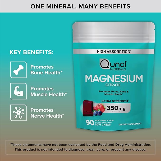 Qunol Magnesium Citrate Soft Chews 350mg Extra Strength Magnesium Supplement High Absorption to Support Nerve Bone and Muscle Health 90 Count (Pack of 2)