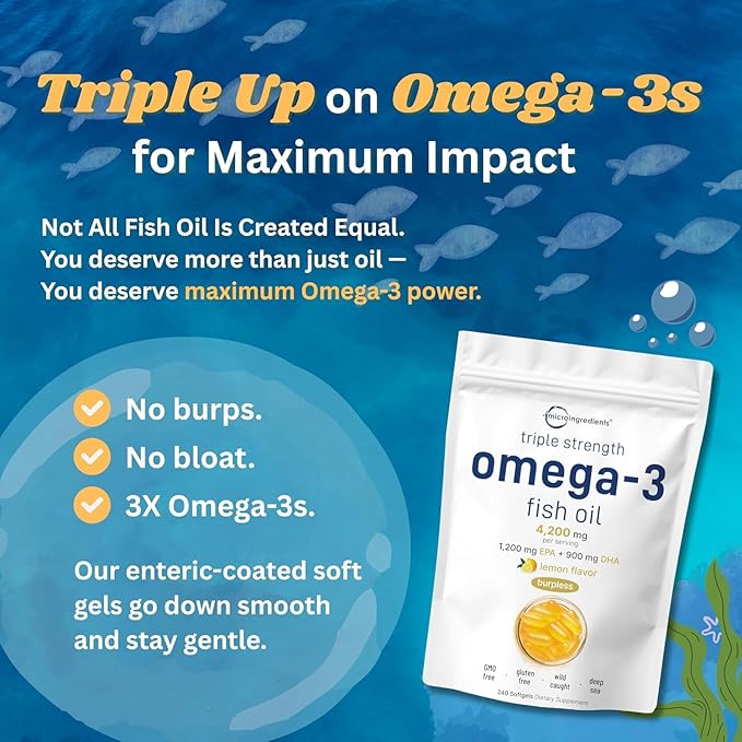 Micro Ingredients Triple Strength Omega 3 Fish Oil Supplements 4200mg Per Serving 240 Softgels – Lemon Flavored – Burpless | EPA 1200mg + DHA 900mg | Deep Sea Fish
