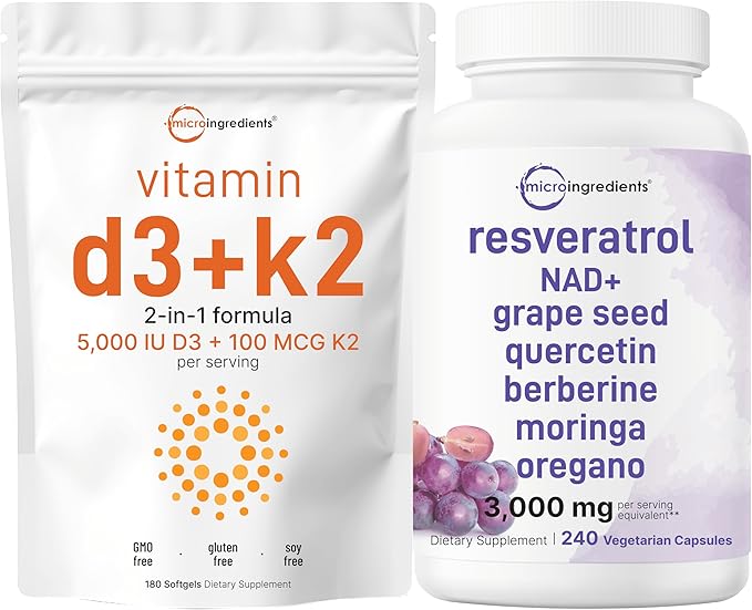Micro Ingredients Vitamin D3 5000iu + K2 100mcg Softgels &amp Resveratrol NAD Supplements 3000mg Veggie Capsules | 2 Pack Bundle | D &amp K Sunshine Vitamins | Antioxidant Blend with Quercetin &am