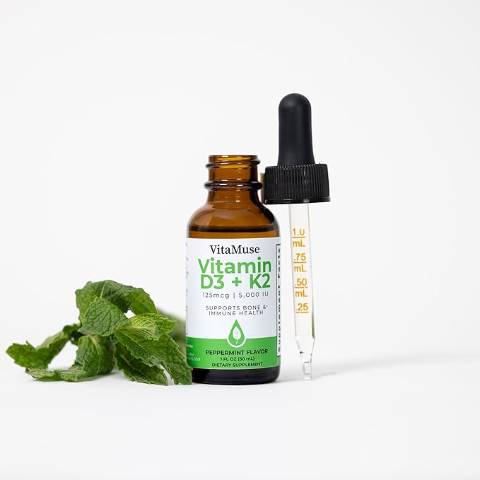 Vitamin D3 + K2 Drops 5000 IU D3 100 mcg K2 MK-7 Peppermint Flavor Liquid Tincture with Organic Oils Non-GMO Gluten-Free 1 fl oz