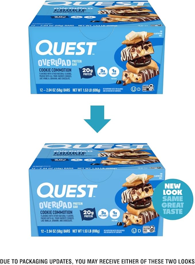 Quest Nutrition Overload Protein Bars Cookie Commotion 20g Protein 1g Sugar 3g Net Carbs Gluten Free 12 Count