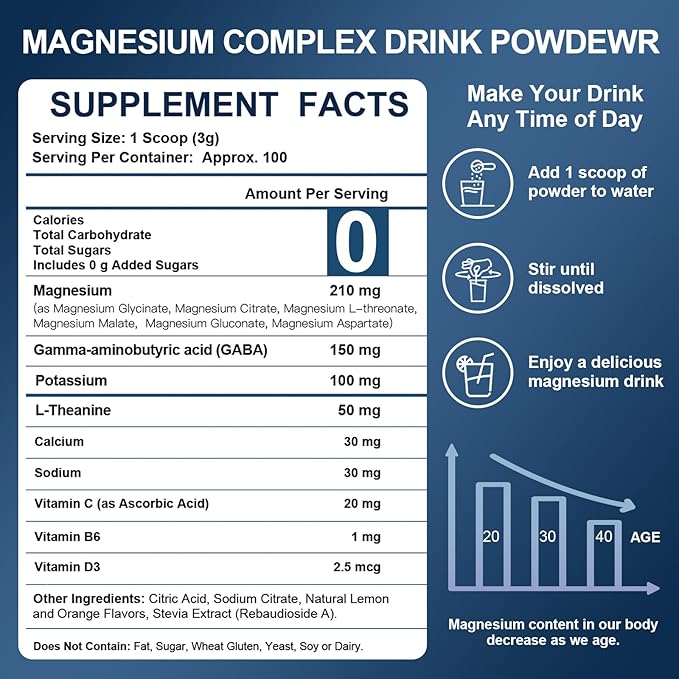 NATURE TARGET Magnesium Powder Supplement with Glycinate Citrate Malate Magnesium Complex with L-Theanine &amp Vitamin B6 for Muscle Heart &amp Brain Vegan 10.58 oz (100 Servings) Lemon Orang