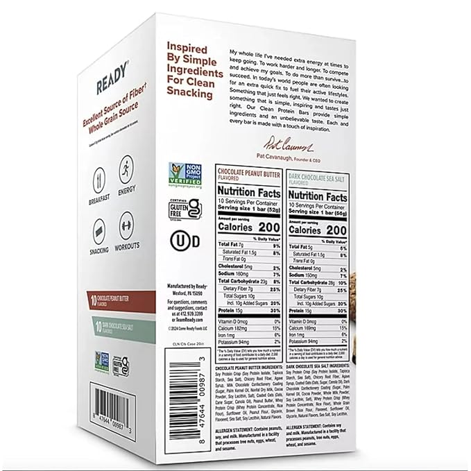 Ready Clean Protein Bars Assorted Chocolate Peanut Butter and Dark Chocolate Sea Salt 20 Count 15g Protein
